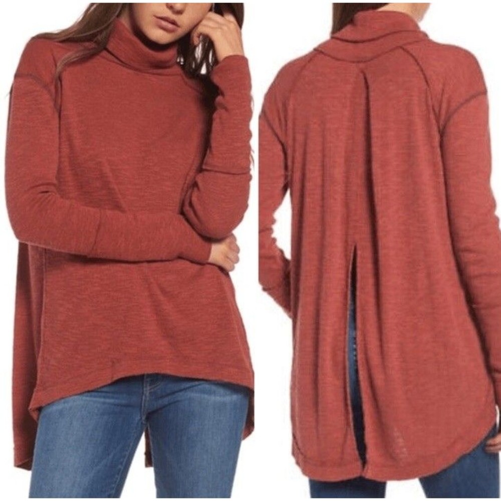 We the Free People Dark Burnt Orange Brown Cowl Split Back Turtleneck Sweater L